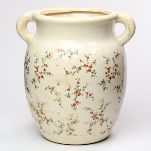 Váza füllel virág mintával kerámia 22,5x19,5x24,5 cm krém, zöld
