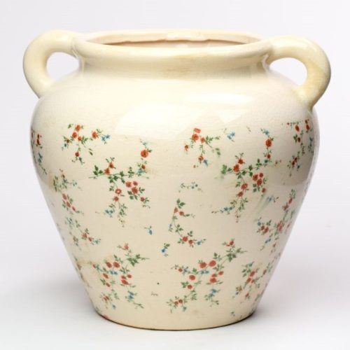 Váza füllel virág mintával kerámia 26,5x24x23,5 cm krém, zöld