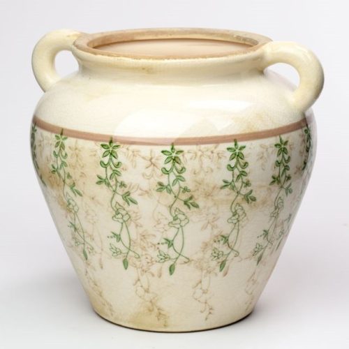 Váza füllel növény mintával kerámia 26,5x24x23,5 cm krém, zöld