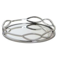 Tálca kör alakú acél, üveg 28x28x5 cm ezüst