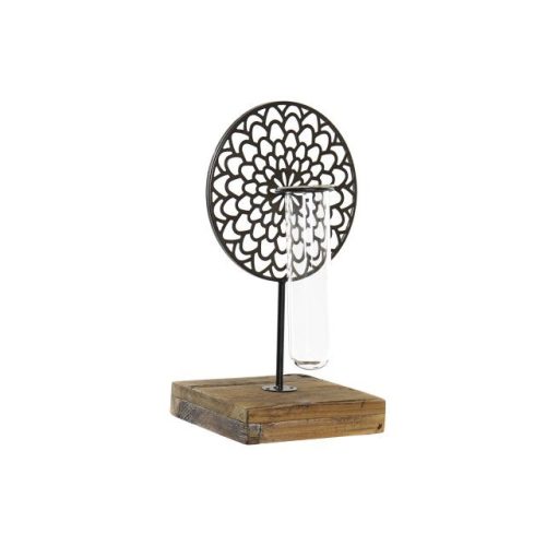 Gyertyatartó fém, üveg, fa 20x20x36 cm barna, fekete