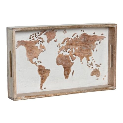 Tálca világtérkép mangófa 39x23x6 cm barna, fehér