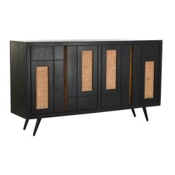   Tálalószekrény mangófa, rattan, fém 160x40x90 cm fekete, natúr