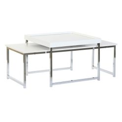   Dohányzóasztal szett acél, mdf 110x48x45 cm fehér, ezüst S/2