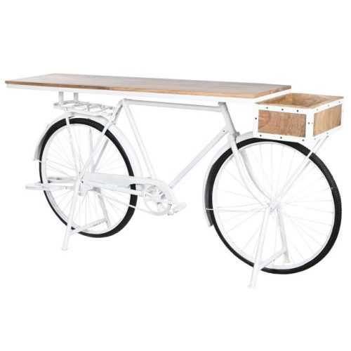 Konzolasztal bicikli fém, mangófa 195x40x91 cm fehér, barna