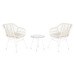  Kerti garnitúra szett rattan, fém, poliészter, üveg 56x57,5x82 cm fehér S/3