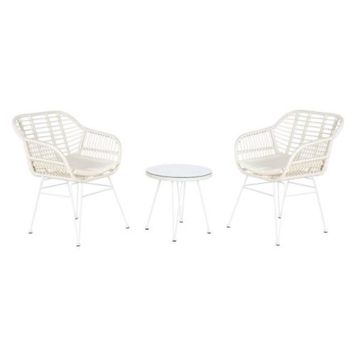 Kerti garnitúra szett rattan, fém, poliészter, üveg 56x57,5x82 cm fehér S/3