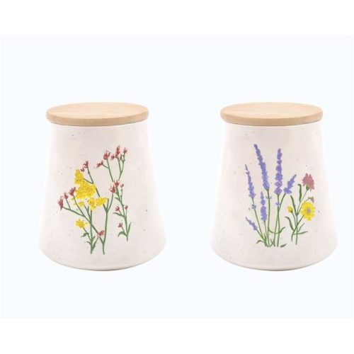 Tárolóedény virág mintás porcelán, bambusz 12,6x12,6x14,7 cm színes 2 féle