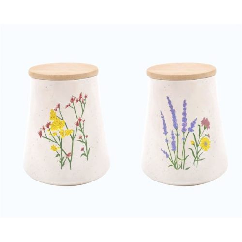 Tárolóedény virág mintás porcelán, bambusz 15x15x17,6 cm színes 2 féle