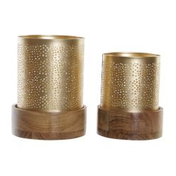   Gyertyatartó szett fém, fa 13,5x13,5x20 cm arany, barna S/2