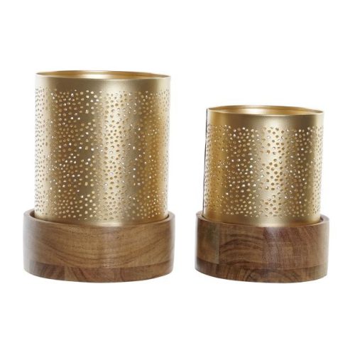 Gyertyatartó szett fém, fa 13,5x13,5x20 cm arany, barna S/2